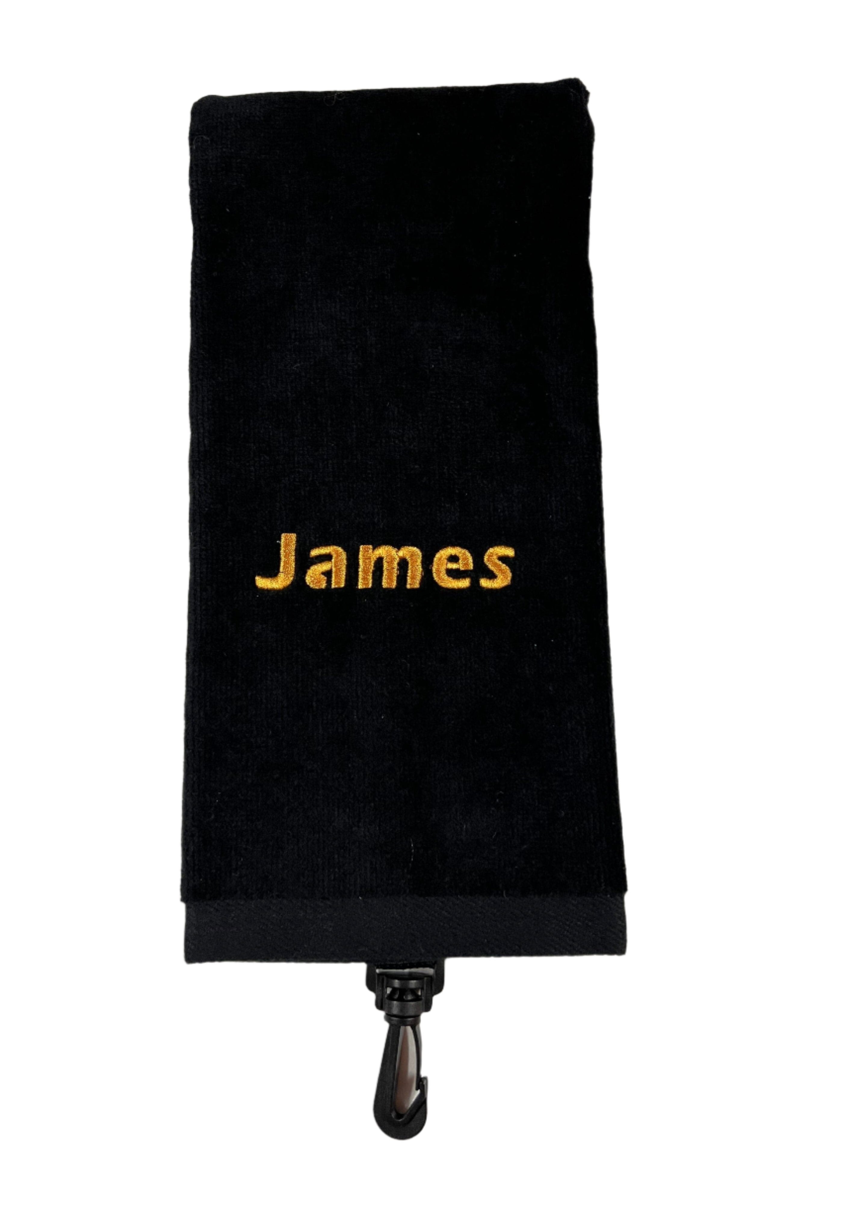Custom Embroidered Cotton Tri-Fold Golf Towel Ready To Go Golf Stuff - Save on New and Pre-Owned Golf Equipment Black James- Eras 214 Gold