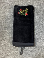 Embroidered Cotton Tri-Fold Golf Towel Original Design Golf Stuff - Save on New and Pre-Owned Golf Equipment Black Golf/Flowers Gold/Green/Red