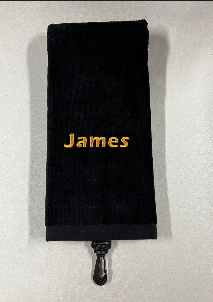 Custom Embroidered Cotton Tri-Fold Golf Towel Ready To Go Golf Stuff - Save on New and Pre-Owned Golf Equipment Black James- Eras 214 Gold