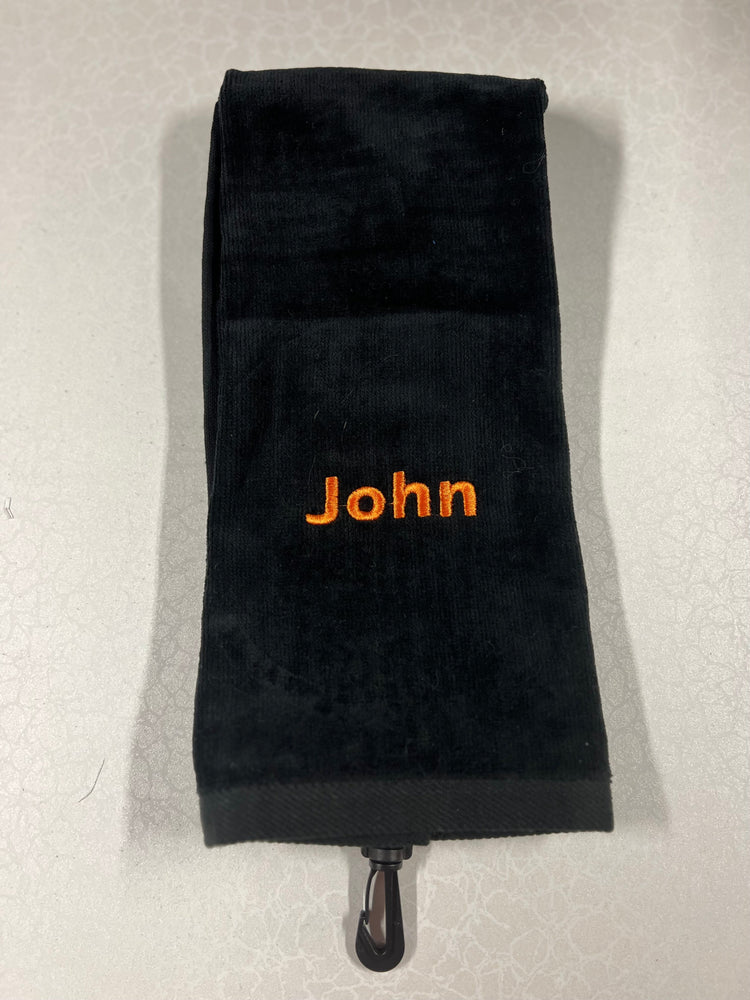 Custom Embroidered Cotton Tri-Fold Golf Towel Ready To Go Golf Stuff - Save on New and Pre-Owned Golf Equipment Black John - Eras 1172 Orange