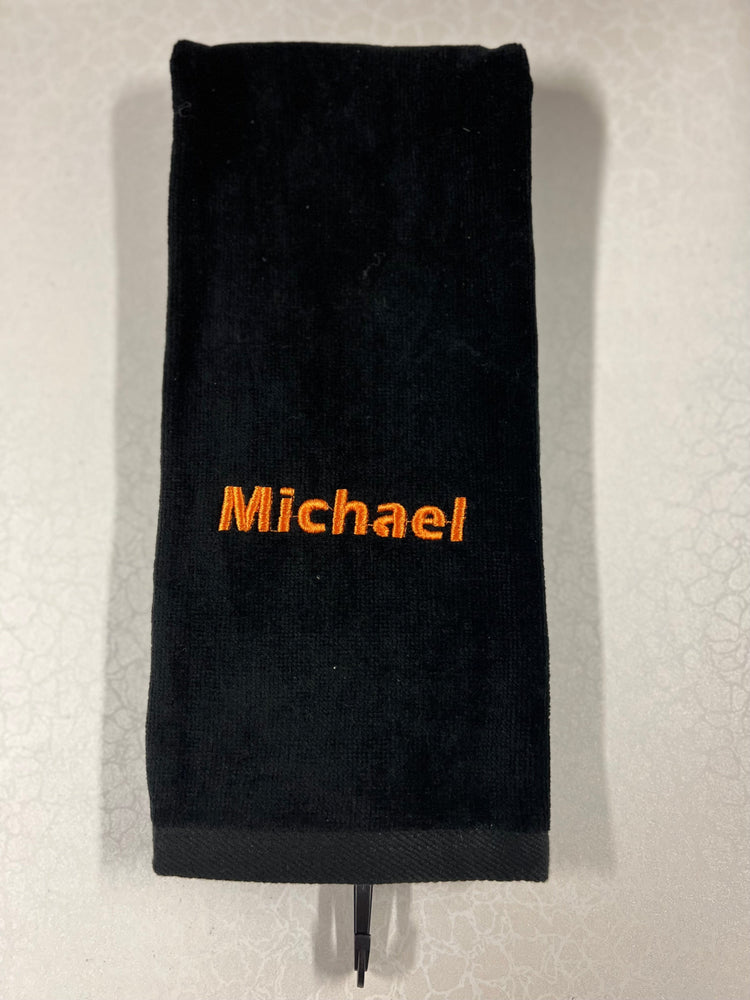 Custom Embroidered Cotton Tri-Fold Golf Towel Ready To Go Golf Stuff - Save on New and Pre-Owned Golf Equipment Black Michael - Eras 1172 Orange